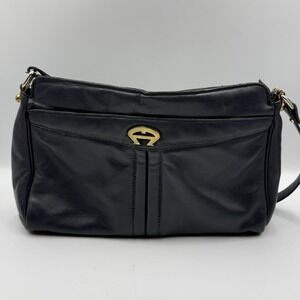Etienne Aigner Black Leather Shoulder Bag Gold Logo Y2K Vintage Gold Hardware